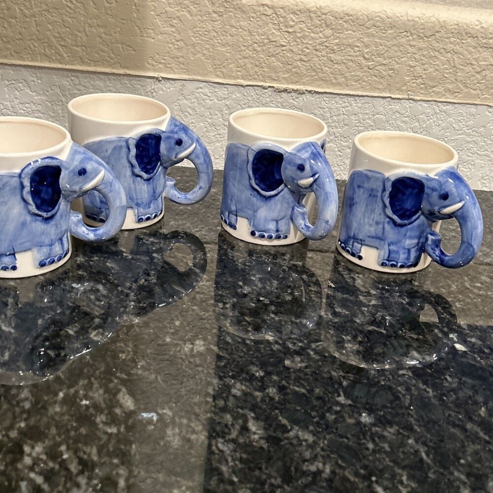 Delft Blue Vtg Elephant Mug Cup Hand Painted Blue White Trunk Handle Set 4 EUC